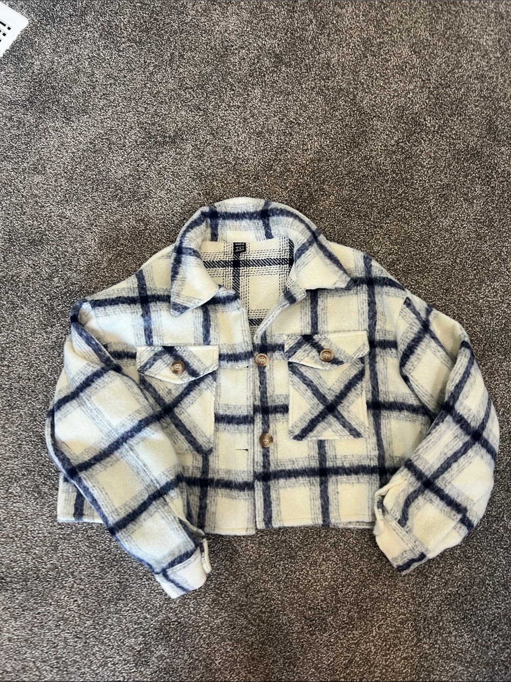 SHEIN Cream and Navy Plaid Cropped Shacket